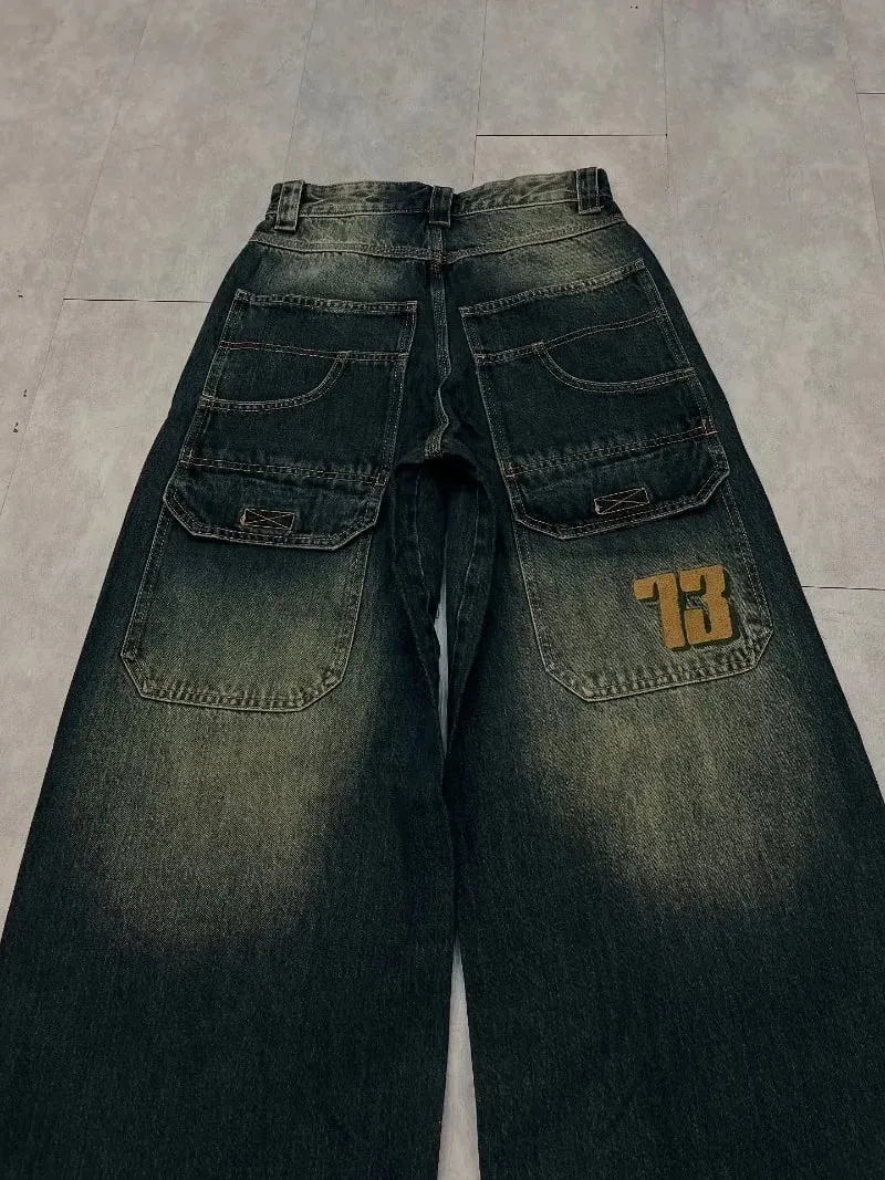 Y2K American New Pattern Embroidery Baggy Jeans Men High Street Vintage Hip Hop Fashion Casual Joker Couple Wide-leg Pants — image 2