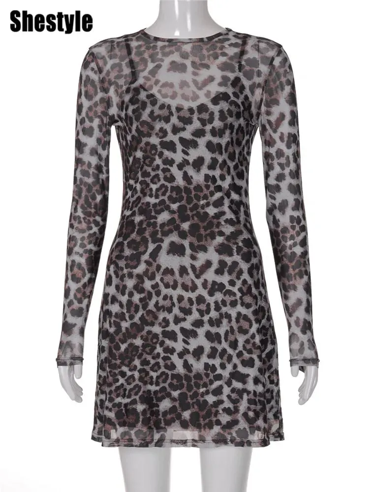 Shestyle Leopardo Sexy Abito a trapezio Donna Set a due pezzi Maglia trasparente Moda estremamente calda High Street Animal Print Elegante — image 6