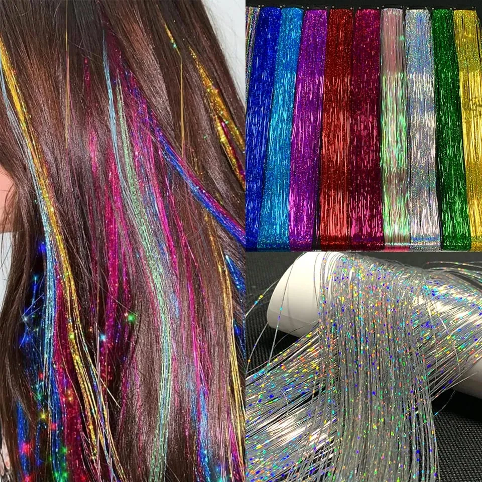 Long Straight Hair Tinsel Glitter Shiny Sparkly Synthetic Color Fresh Laser Clip in Hair Extensions Women Party Hair Accessori