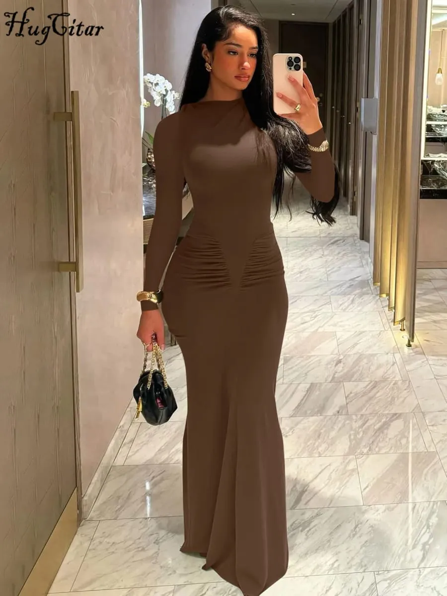 Hugcitar podzimní jednobarevné dlouhé rukávy přehozené sexy bodycon maxi plesové šaty dámská móda Y2K outfity večerní párty Festivalový klub — image 4