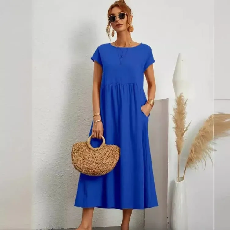 Premium Elegant Solid Cotton Linen Dress Summer Midi with Pockets Loose Fit Casual Crew Neck Short Sleeve for Beach Travel — image 1