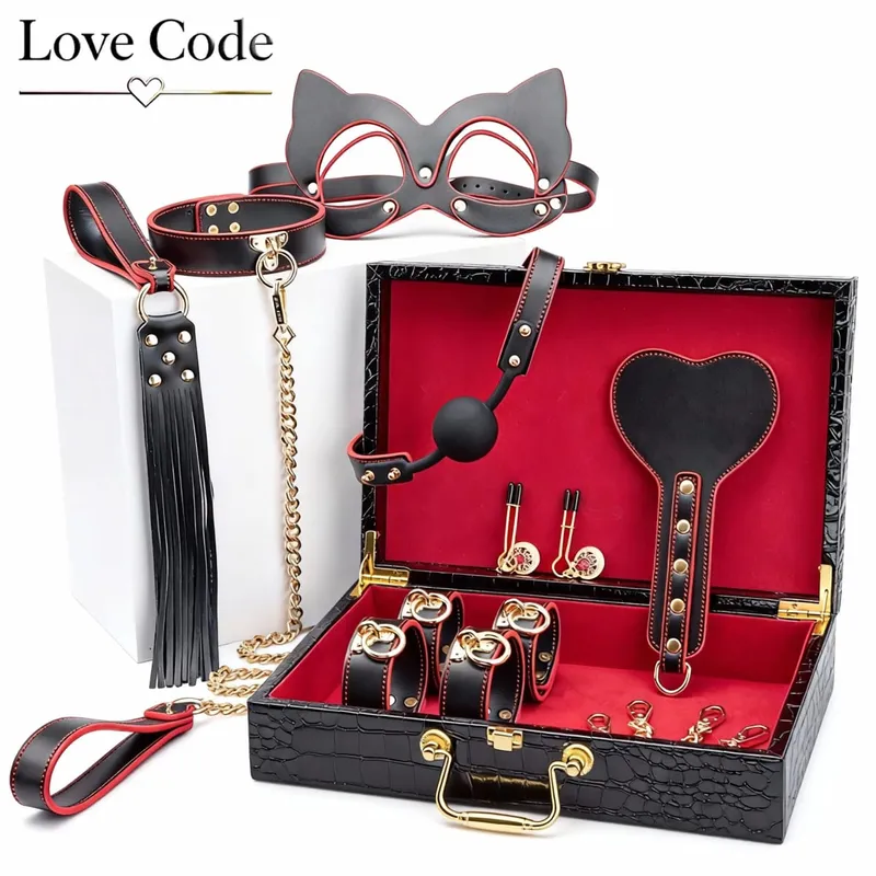 ของแท้หนัง BDSM Bondage ชุดของเล่นสำหรับคู่ Handcuff ข้อเท้า Cuffs COLLAR Gag Hogtie Restraints SM ชุดผู้ใหญ่รักเกม