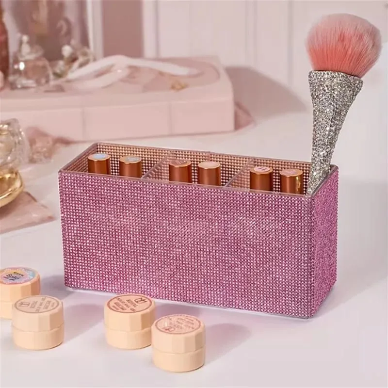 Sparkling Rhinestone Makeup Brush Organizer with 3 Compartment Large Capacity Makeup Brushes Lipstick Comestic Tools Storage Box