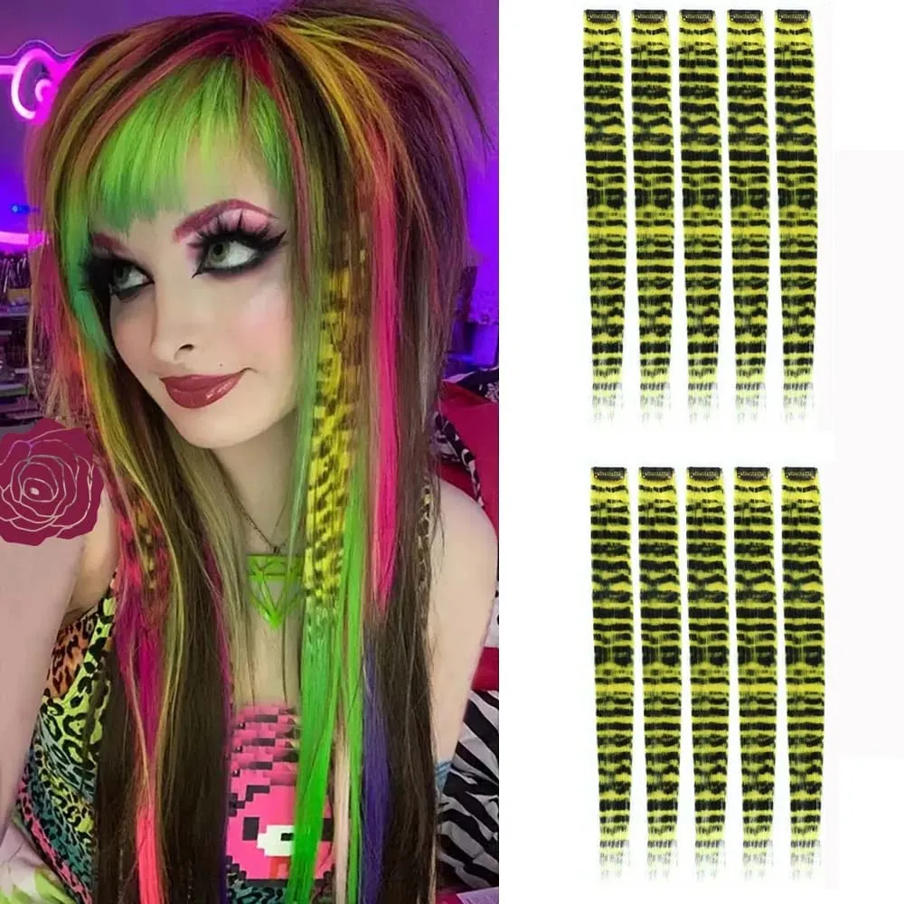 10pcs/set Stripe Printed Hair Colorful Long Straight Hair Pieces Synthetic Clip-in Hair Extensions for Daily Use Party Christmas — image 13