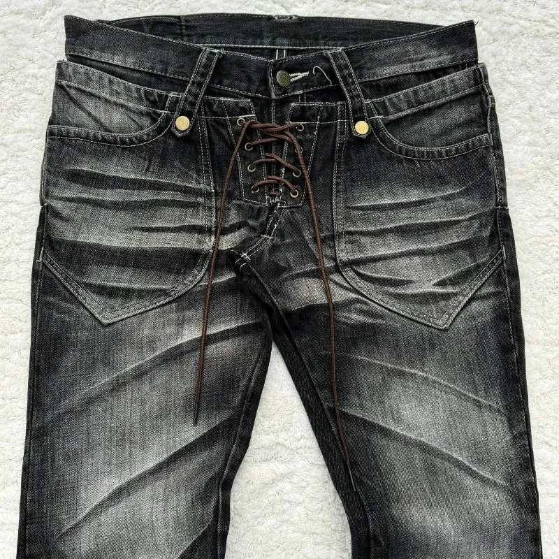 Y2K Distressed Flare Jeans Gothic Men Double Waist Lace Up Denim Pants Retro Washed Scratches Streetwear Unisex Bootcut Jeans