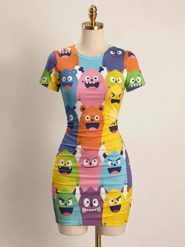 Womens Short Sleeve Bodycon Mini Dress Slim Fit Crew Neck Floral Print Casual Summer Party Cute Stretch Modern Vacation Sundress — image 11