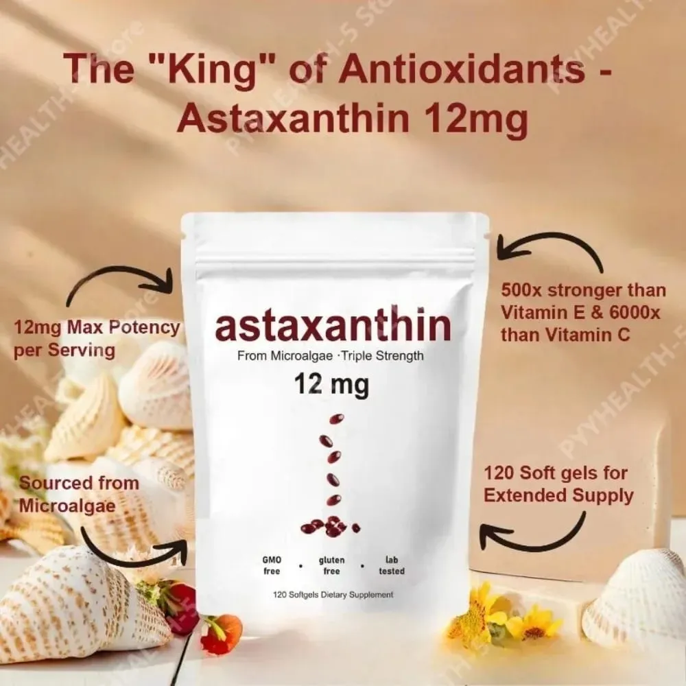 Astaxanthin 12mg Softgels - Antioksidan Harian Menyokong 120 Kapsul Non-GMO Tanpa Gluten Bebas Soya 120 Kapsul untuk Dewasa