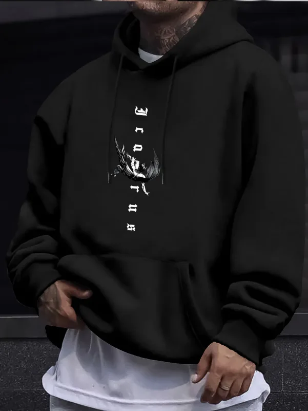 Men's Gothic Angel & Tarot Print Hooded Sweatshirt - Longr Machine /Fall Layering (Tarot Card Design Regular Fit) - Ideal for Themed Events & Casual Attire Featuring Angel & Tarot Motifs Comfortable Knit Fabric and Versatile Streetwear Styl