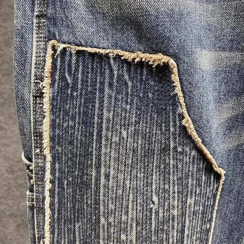 Original Luxury Brands Clothing Punk Handsome Design Trendy Brand Pants Men's Loose Straight Sticker Splicing Logging Work Jeans
