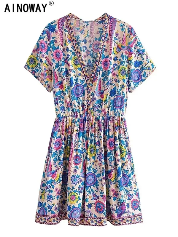 Vintage Chic Wanita Peacock Floral Print Gaun Mini Bohemian V-leher Dalam Wanita Lengan Pendek Happie Beach Boho Dress Vestidos — image 2