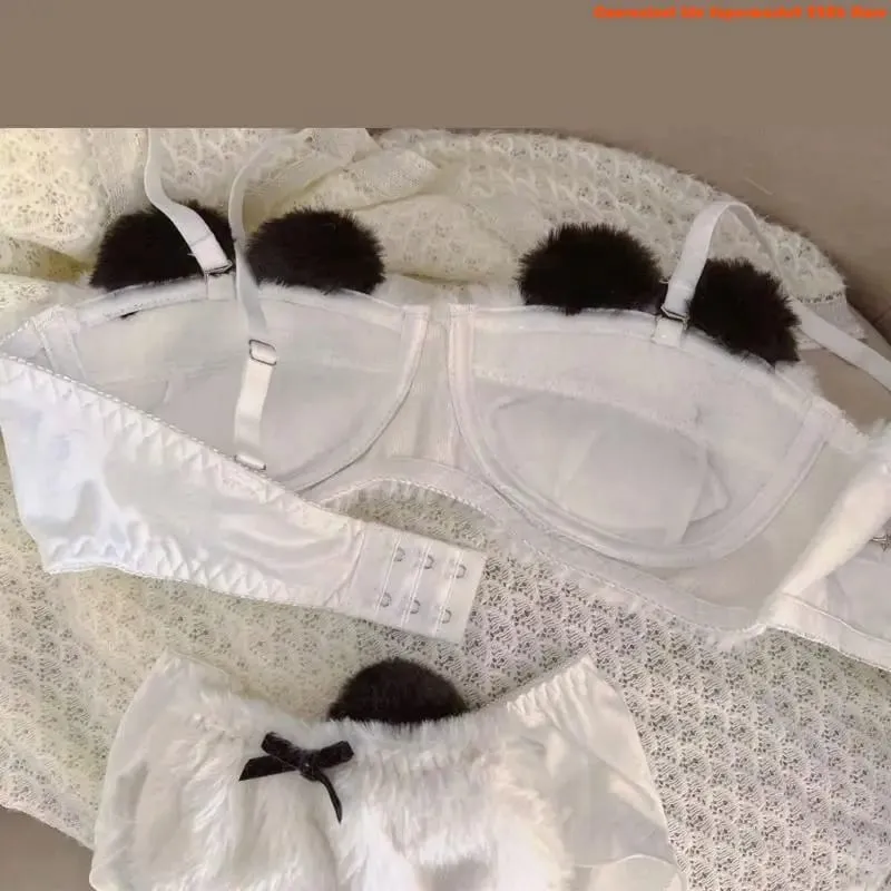 E06E Women's Cartoon Panda Pattern Winter Lingerie Furry Plush Bra and Panty Set School Girl Japanese Anime Cosplay Underwear