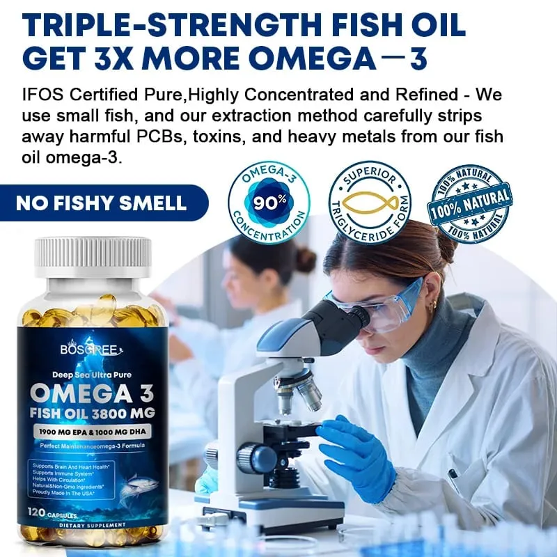 Omega 3 Fish Oil Supplement EPA+DHA - Suitable for Heart Liver Eye Brain Joint Health-Attention Memory and Emotional Support