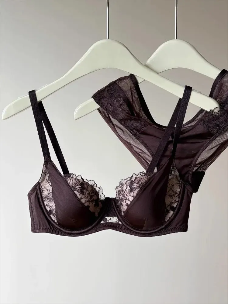 French Lace Embroidery Sexy Bra Set Push Up Minimizer Gather Support Full Coverage Comfort Lingerie for Big Breasted Women 2PCS