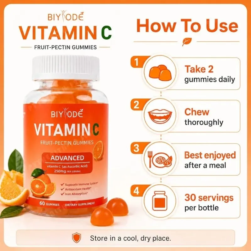 Vitamin C Gummies 250mg with Vitamins A and E Orange Fruit Pectin Chewables 60 Count Daily Nutrition for Adults Men & Women