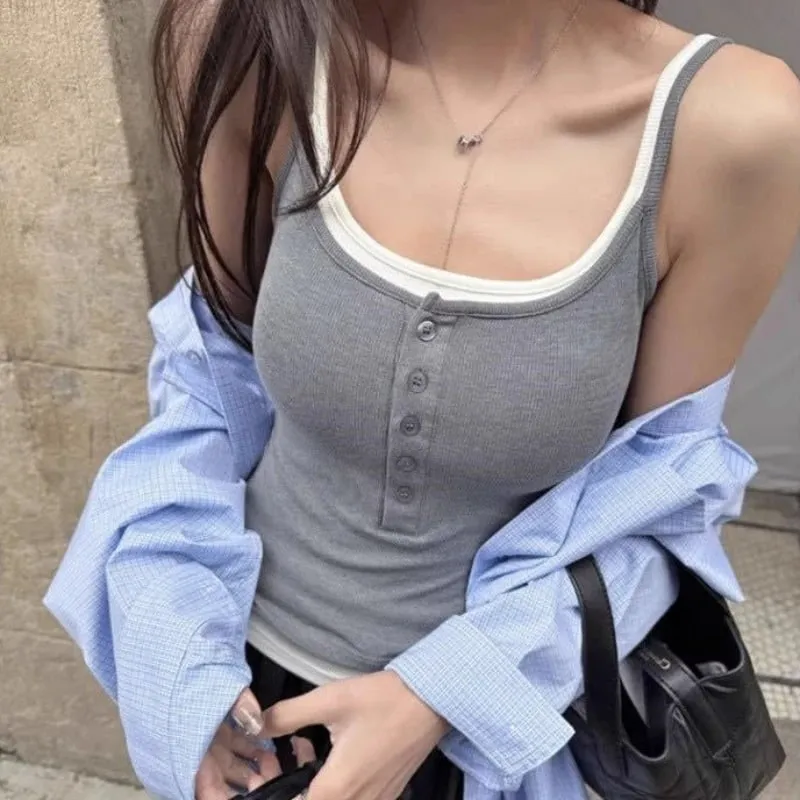 Spicy Girl Fake Two-piece Color Blocking Tank Top with Chest Pad Summer Spaghetti Strap Square Neck Button Casual Slim Fit Camis — image 2