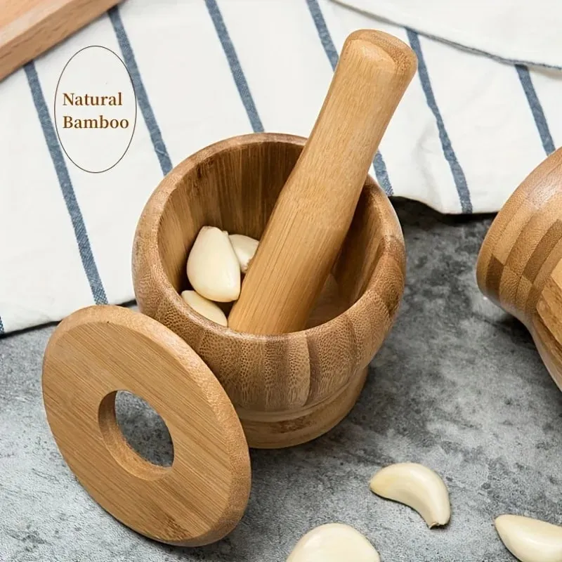 1set Bamboo garlic jar household kitchen food mixer garlic puree grinder with lid — image 2