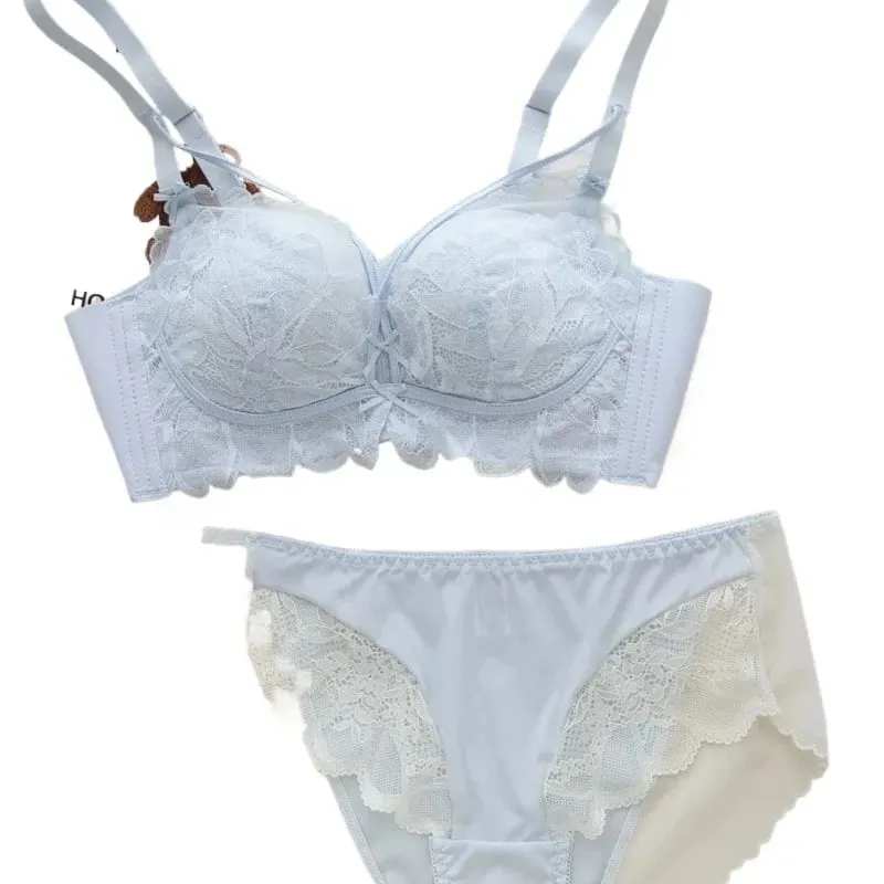 Thin Cup Full Lace Lingerie Set 32-38 AB French Wireless Bra Lift Anti Sag Push Up Design for Small Bust Sensual Ladies