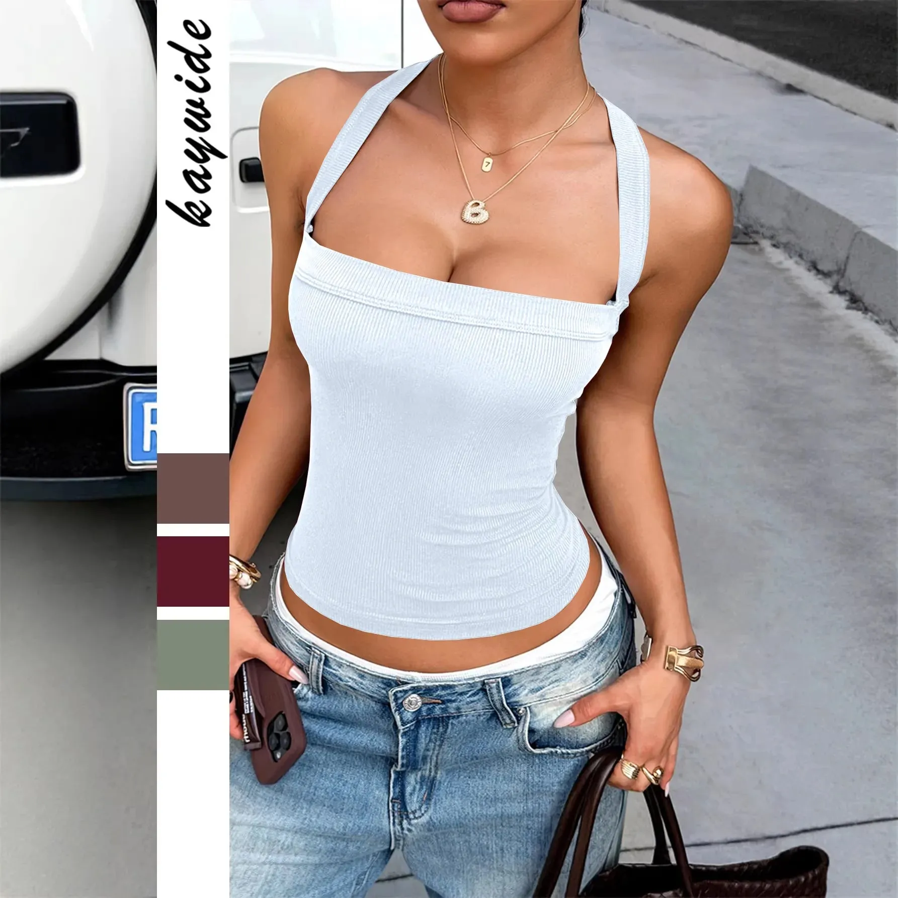 Women Ribbed Knit Camis Top Square Neck Wide Strap Cross Shoulder Strap Slim Fit Crop Tank Top Y2K Streetwear Sporty Daily Vest — image 9