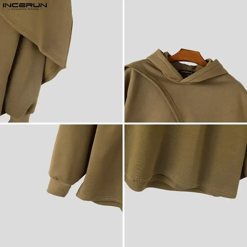Men's Hoodies Ponchos Solid Color Hooded Long Sleeve Irregular Sweatshirts For Man Loose Stylish Casual Cape INCERUN Streetwear