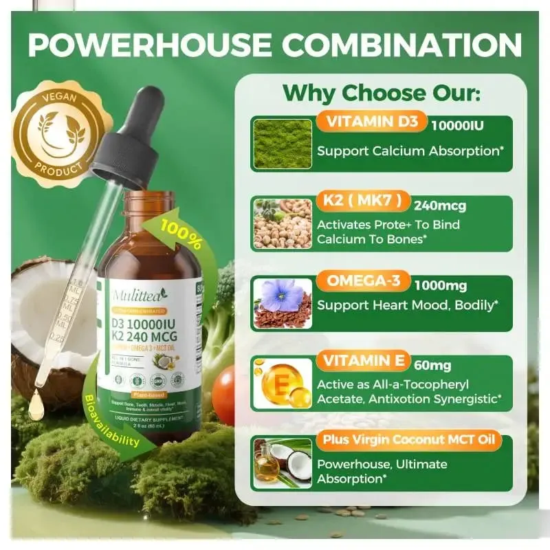Mulittea Vitamin K2+D3 60ml Drops with Vitamin E & Omega 3 Dietary Supplements Muscle Recovery & Nutrient Absorption