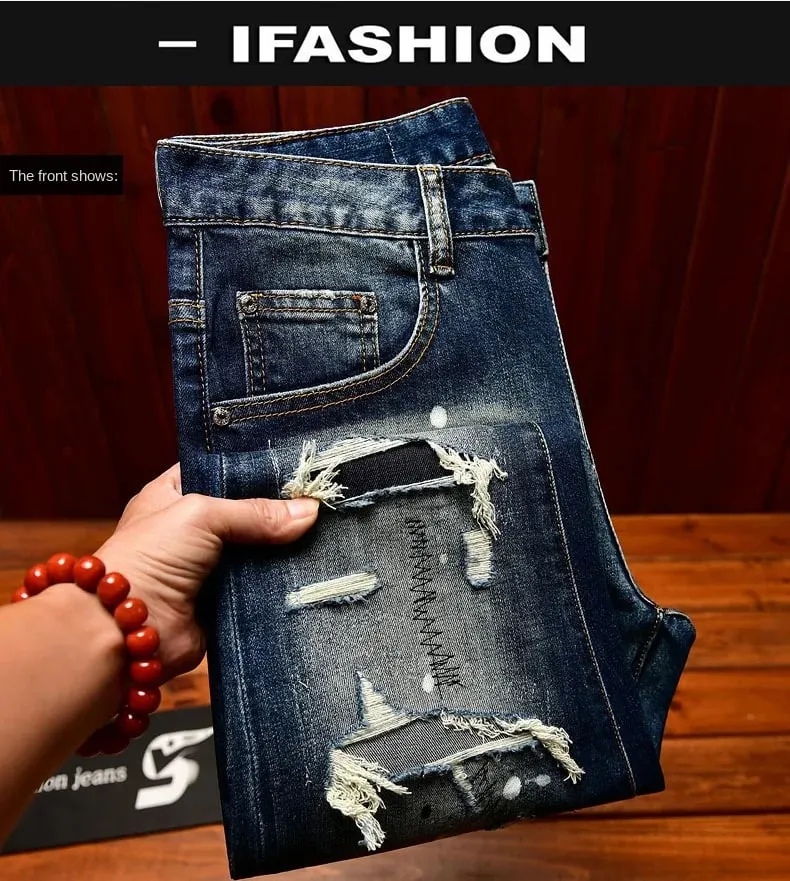 High end nostalgic jeans for men slim fit with small holes patches scraped inkjet street trend elastic retro denim pants — image 8