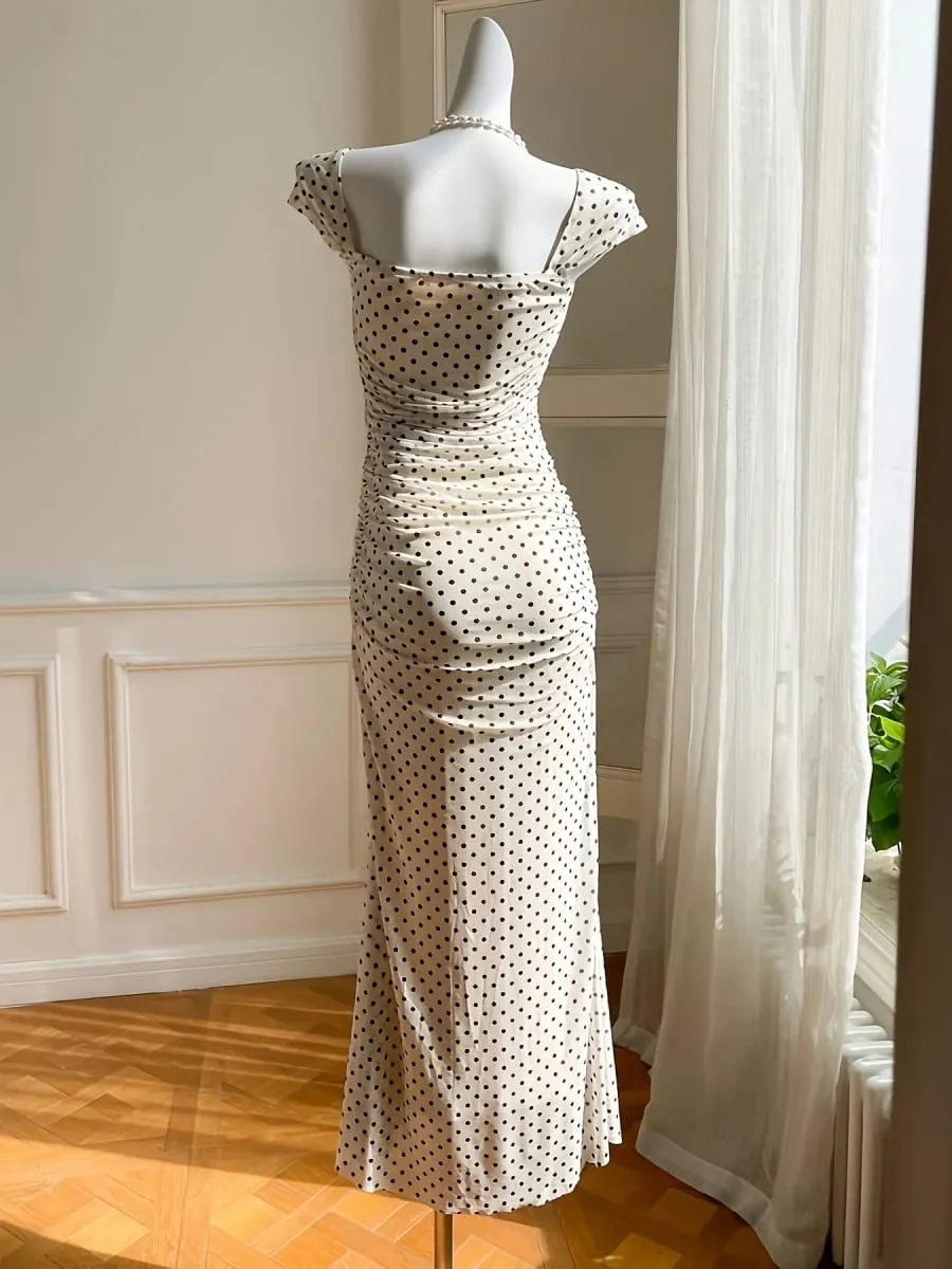 Elegant Lady Polka Dot Print Knitted Long Dress with Square Collar Tight Mermaid Skirt And Split Design for Women — image 3