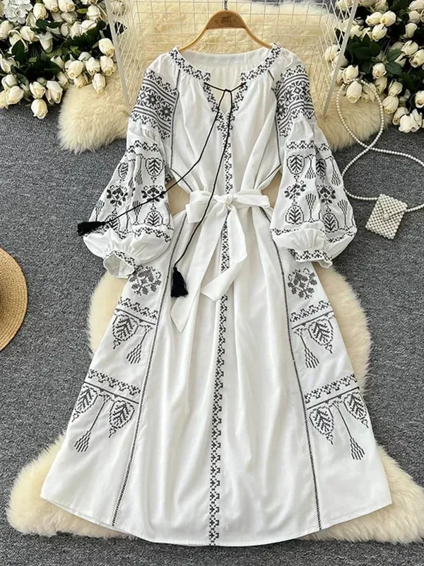 Boêmio retro estilo étnico vestido feminino nova primavera outono bordado rendas até lanterna mangas cintura cinching vestido longo a155