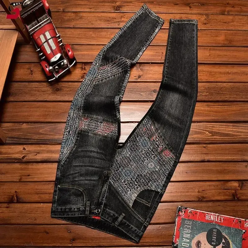 Stitching Embroidered Jeans Men's Contrast Color Fashion Stretch Slim Fit Skinny Personality Trend Fashion Motorcycle Trousers