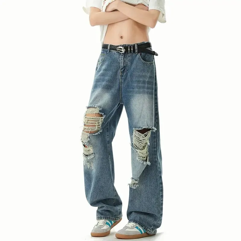 New Spring/Autumn Fashion Solid Color American Retro Straight Leg Ripped Jeans Men's Casual Loose Fit Sports High Quality Jeans