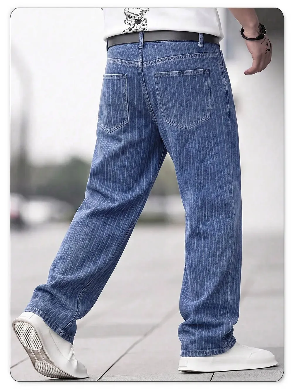Men Vertical Thin Stripe Jacquard Baggy Denim Pants Classic Blue Loose Wide Leg Straight Leg Vintage Washed Jeans — image 9