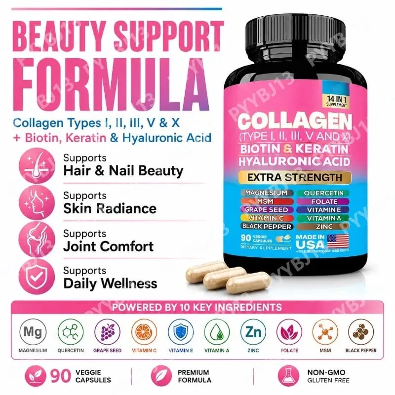 Collagen Biotin Keratin Hyaluronic Acid Capsules Extra Strength with Vitamins A C E and Zinc Skin Health 90 Capsules — image 4