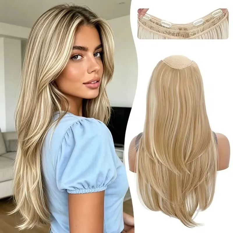 22Inch Synthetic V-Shaped Long Layered Straight Hair Extensions Invisible Increase Volume Fashion Lazy Hairstyle for Women — image 13