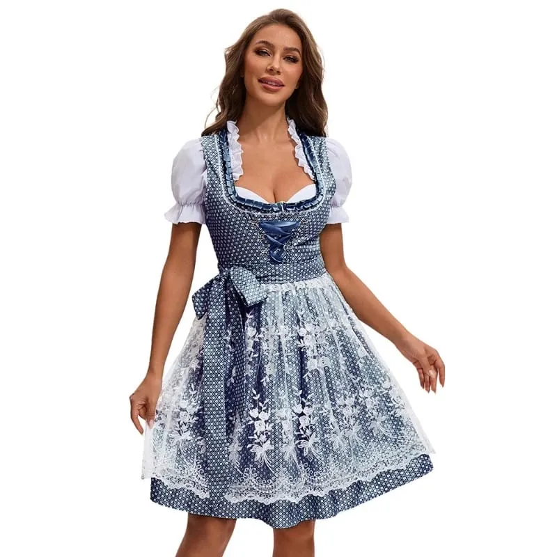 2025 Multicolor Munich Oktoberfest Dress for Women Bavarian Traditional Ethnic Print Beer Skirt with Top and Apron Maid Costume — image 6