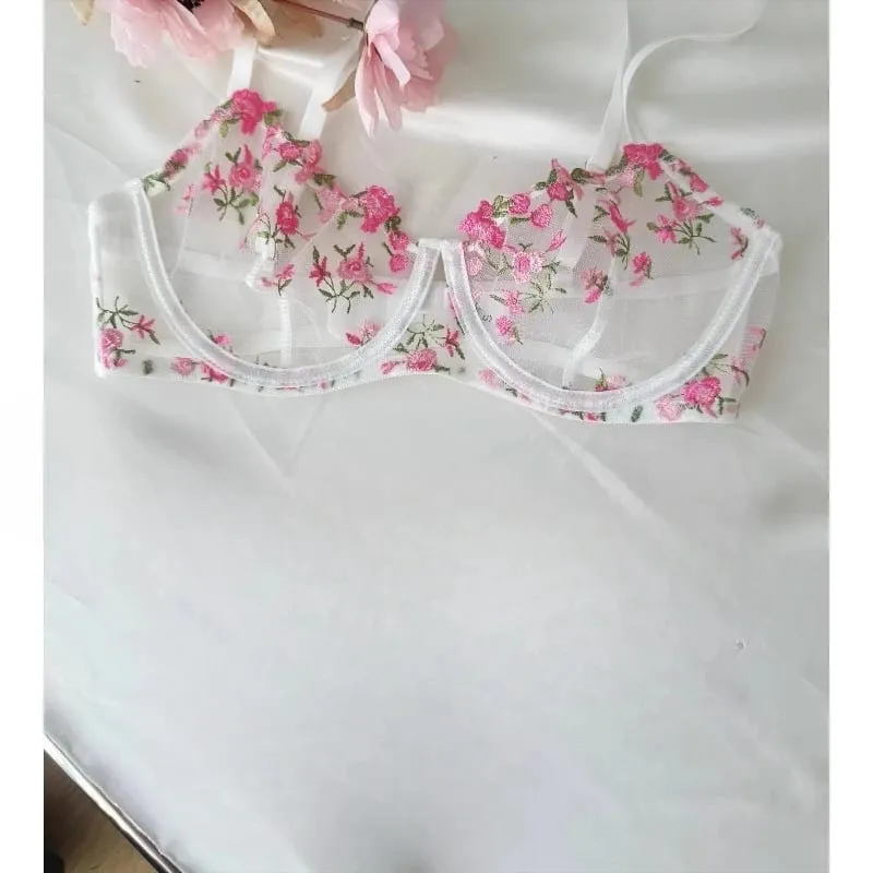 Korean Hot Lace Bra Set Floral Embroidery Transparent Mesh Ultra Thin Big Bust Modest Summer Ladies Daily Wear Underwear 32-38