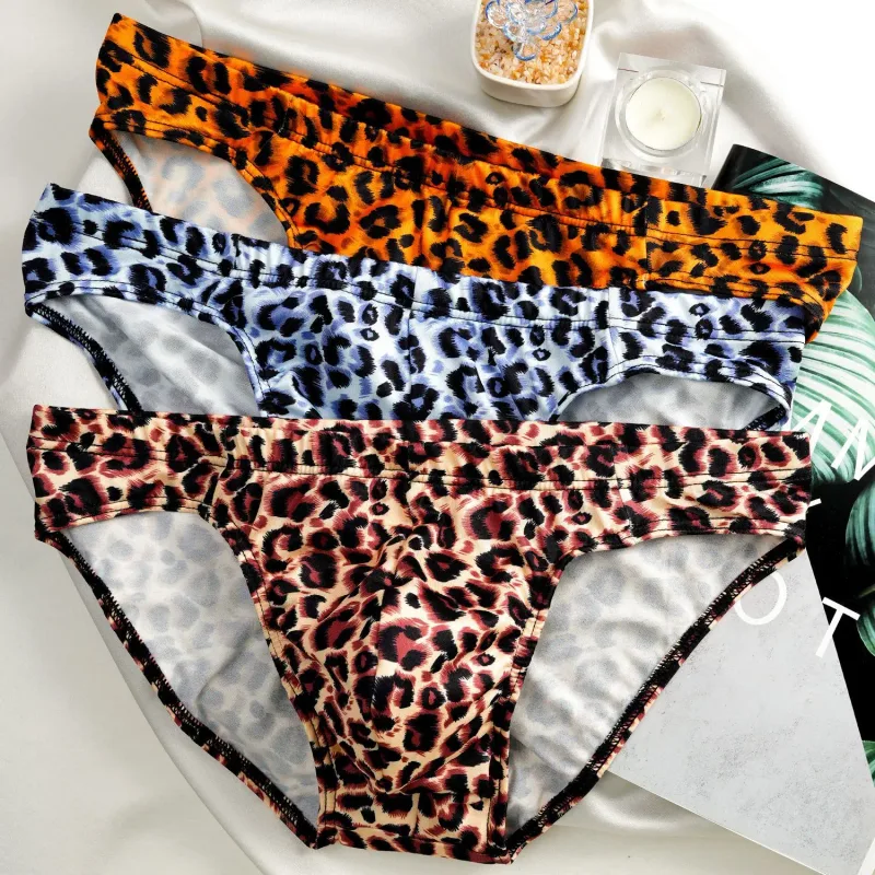 Men's Mid Waist Underwear Sexy Ice Silk Briefs Leopard Printed Breathable Underpants Male Soft Comfortable Panties Cueca Homme