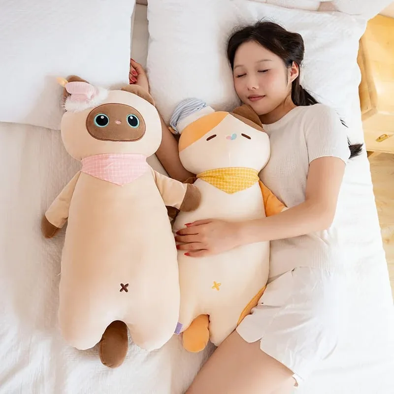 58cm Cute Sweet Dream Good Night Cat Throw Pillow Three Flowers Siam Coal Briquette Cat Doll Soft Stuffed Friend Gift — image 3