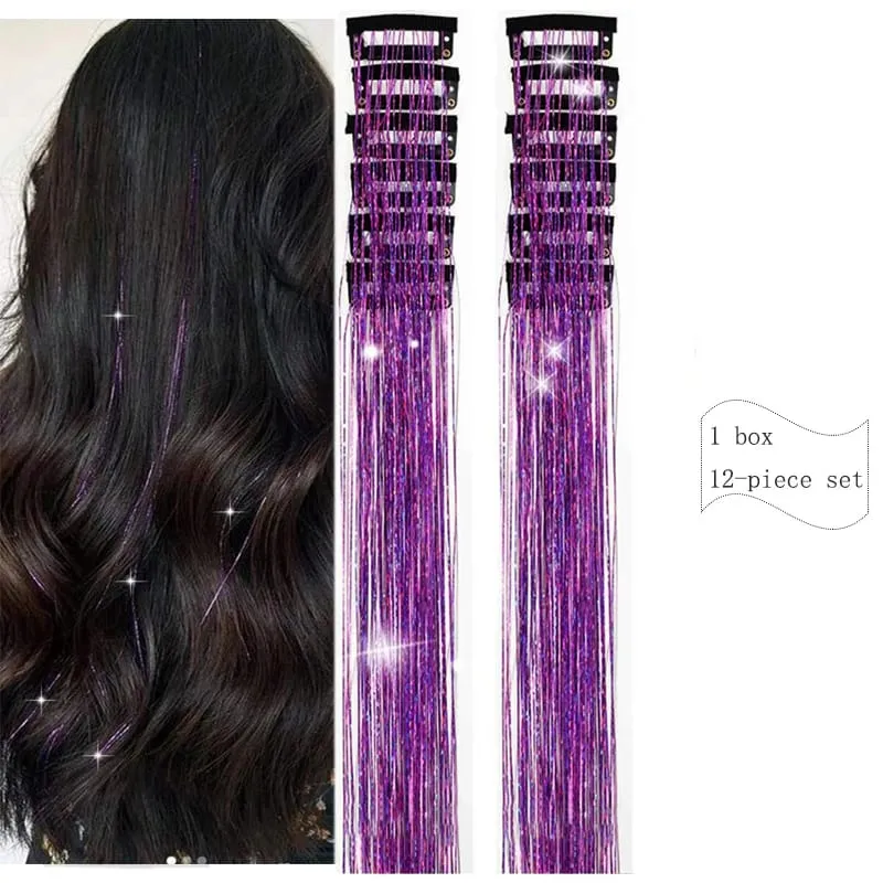 20 Inch Synthetic Hair Extensions -12 Piece Set of Colorful Glitter Hair Accessories Suitable for Girls' Party Birthday Gifts — image 16