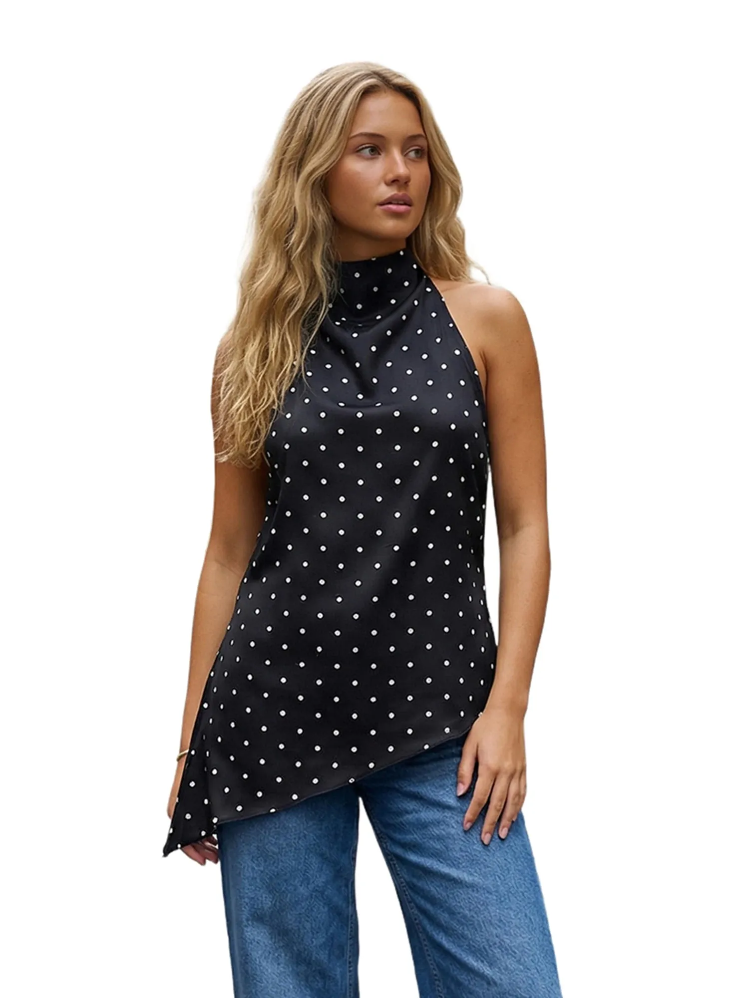 Women Summer Vintage Dot Print Asymmetric Hem Halter Neck Tanks Tops Sleeveless Backless Slim Fits Tunic T-Shirts Streetwear — image 8