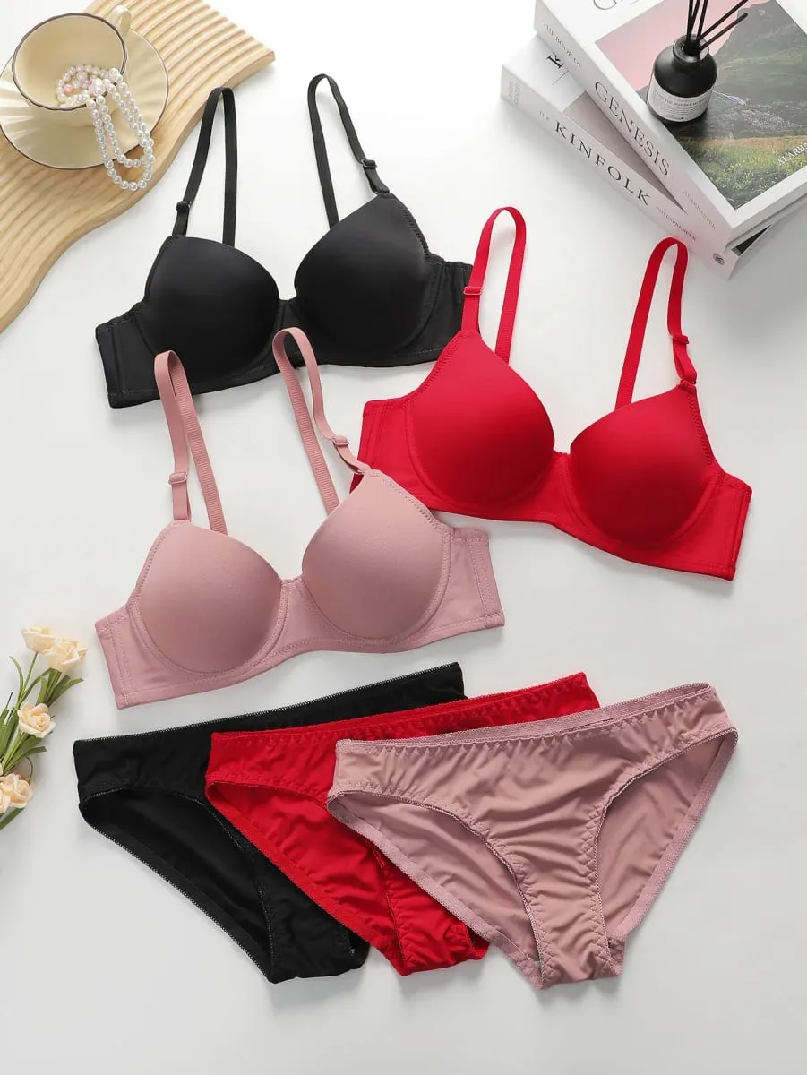 Solid Underwire Lingerie Set Underwear Panty Sets Women Push Up Bra with Steel Ring Intimates Underwear Suit — image 2