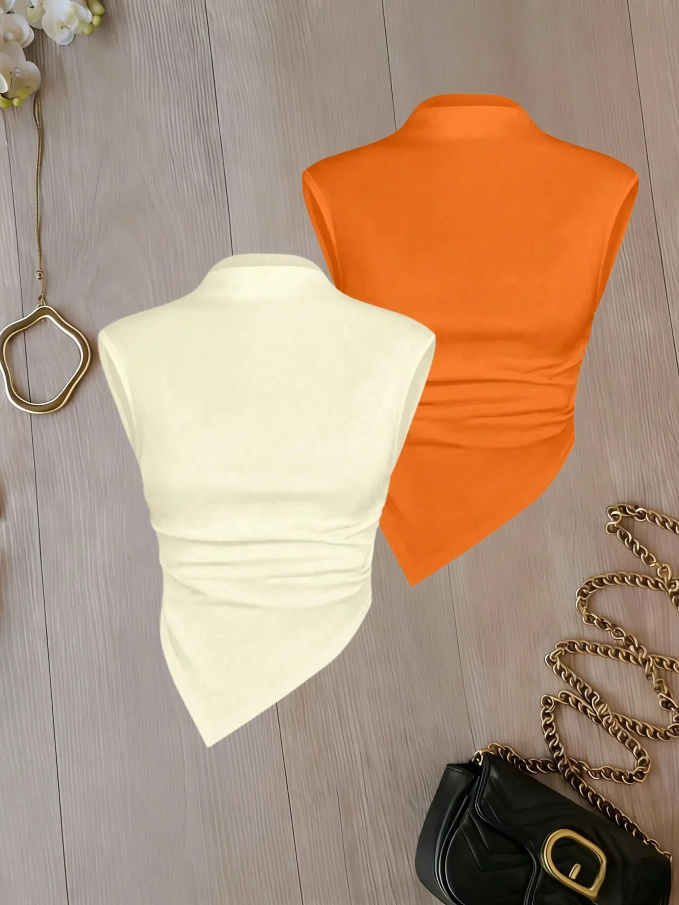Women Mock Neck Sleeveless Ruched Asymmetrical Hem Crop Top 2 Pack Solid Color Cami Top Set — image 5