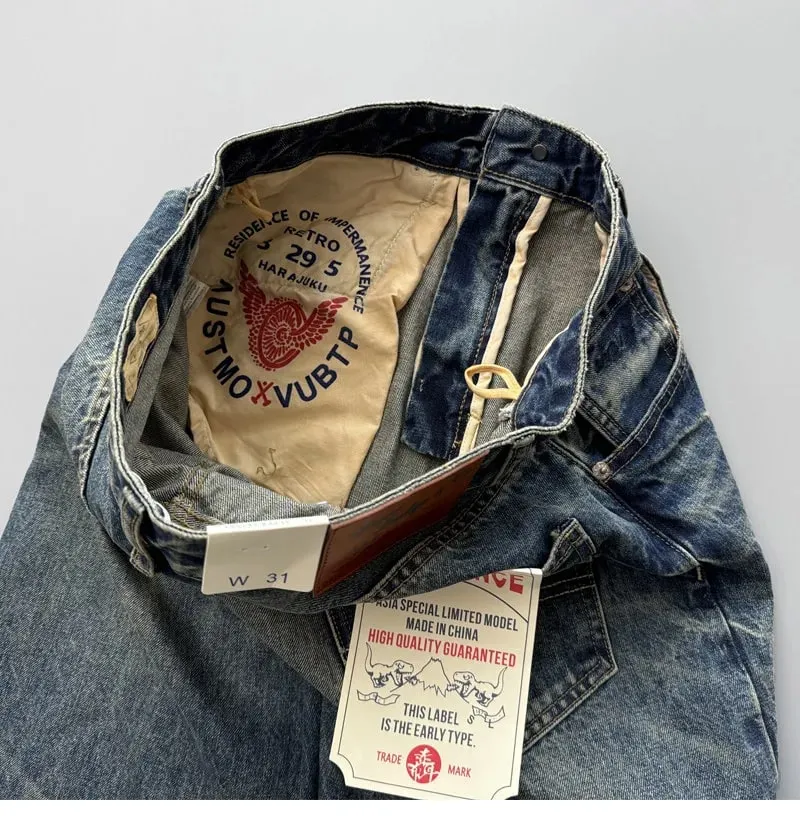 2026 Spring New Arrival Light Blue Straight-Leg Denim Jeans for Men American Retro Washed Blue Denim with Whisker Effect Pants — image 8