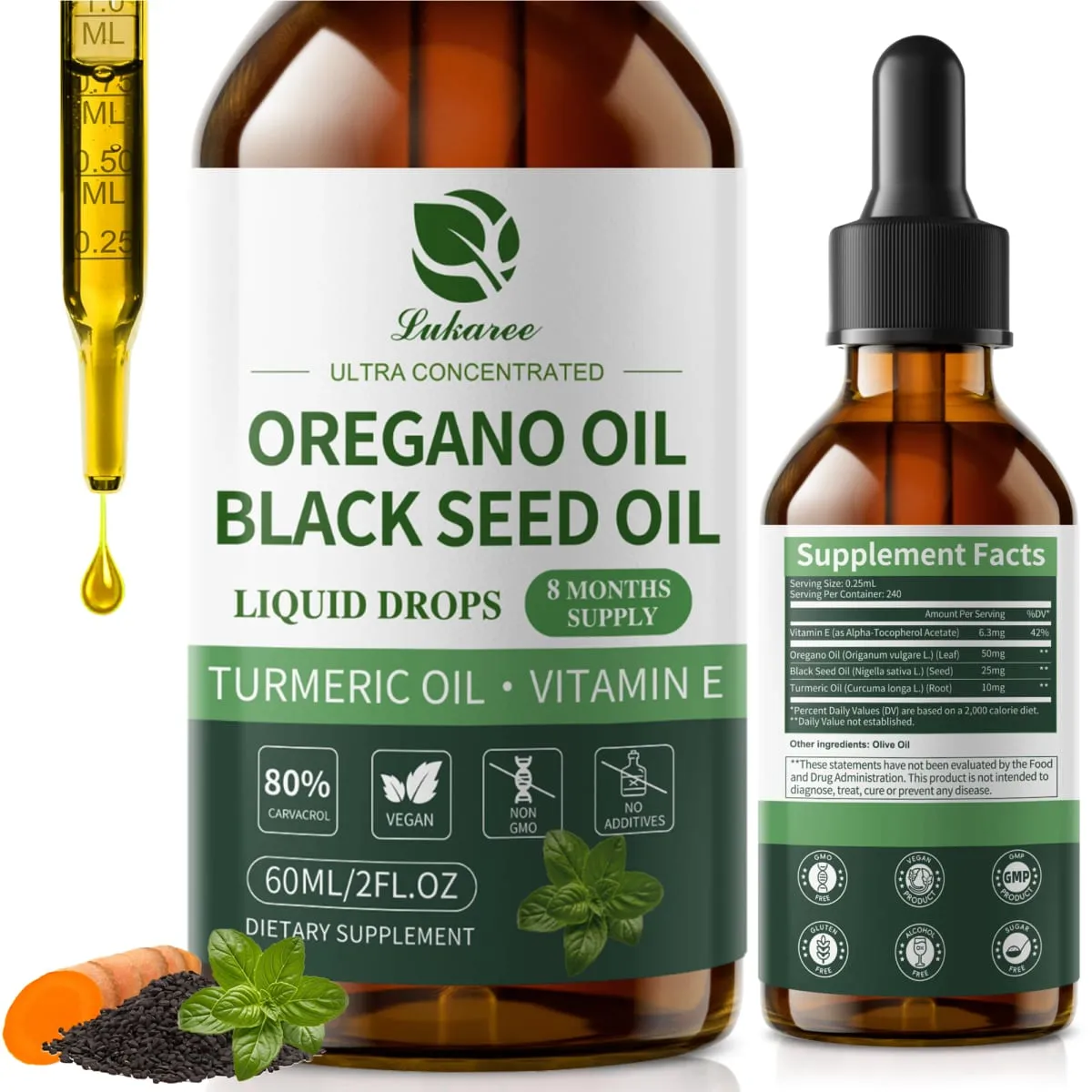Lukaree 60ML Orgainc Oregano Oil Drop Support Respiratory Immune System Health Support Digestion and Intestinal Balance — image 1