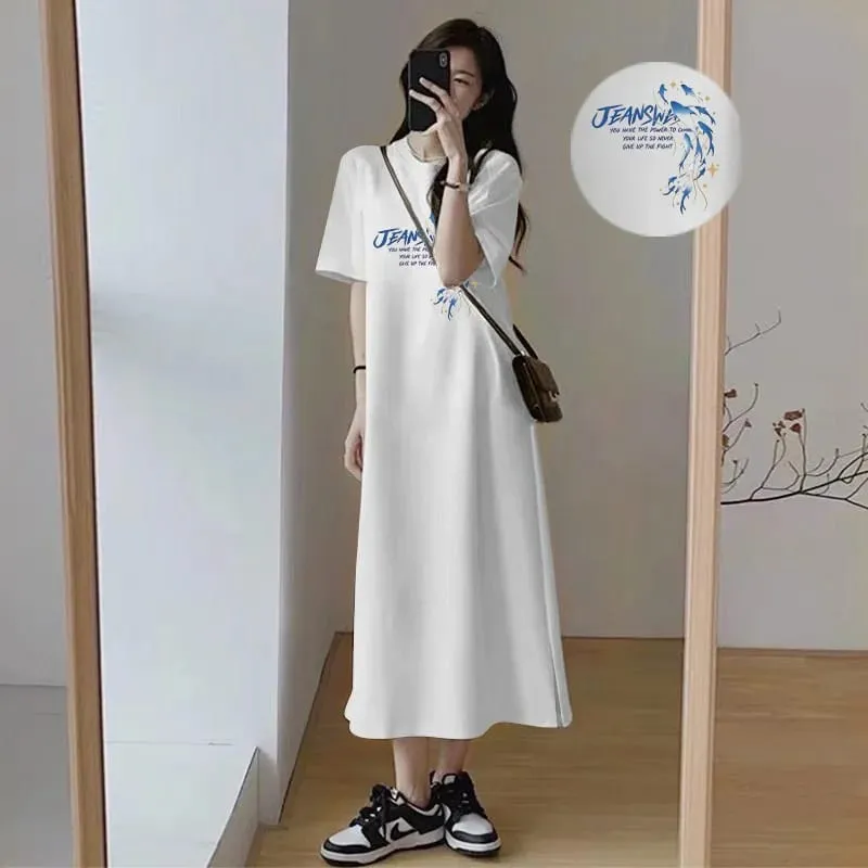 Korean Casual Maxi Tee Dress Blue Dolphin JEANS Letter Print White Loose Short Sleeve Long T-shirt Dress