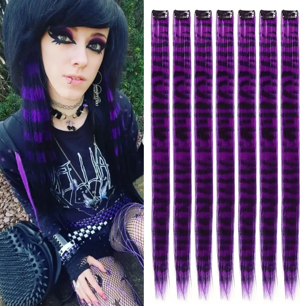 18' 7 Pcs Rainbow Long Straight Zebra Print Synthetic Feather Clip in Hair Extensions for Women Ideal Halloween Christmas
