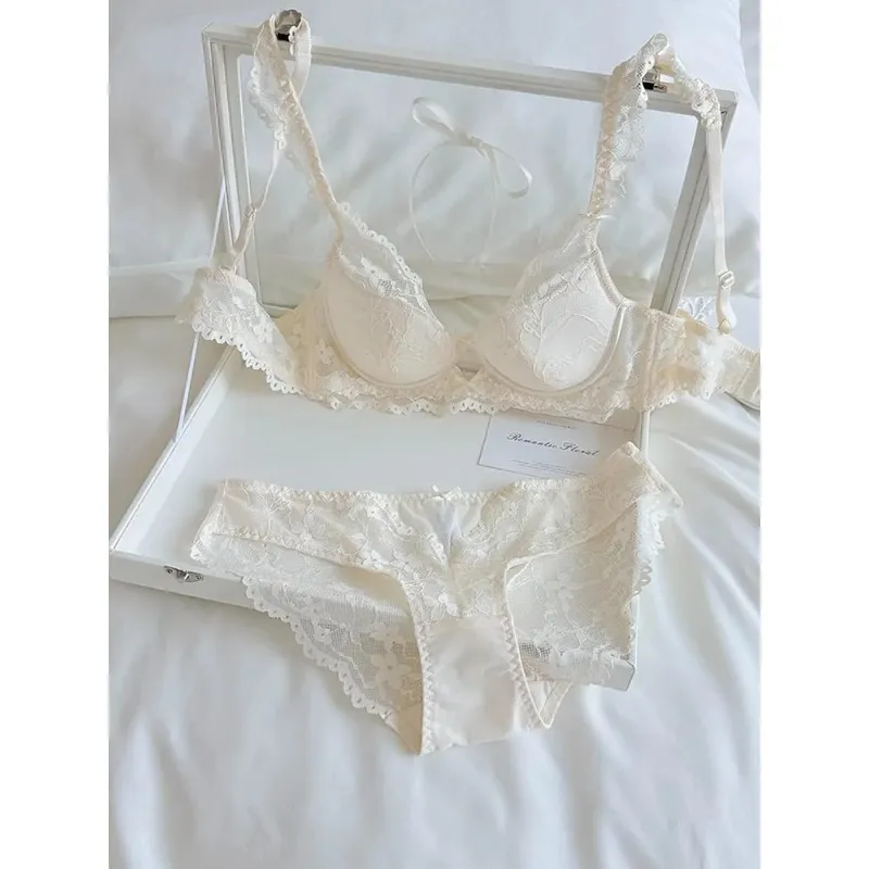 Set Lingerie Renda Lengan Flutter Prancis Wanita Bra Minimizer Punggung Cantik Seksi Bersirkulasi Cup Tipis Berkawat Lembut 32 ‑ 38