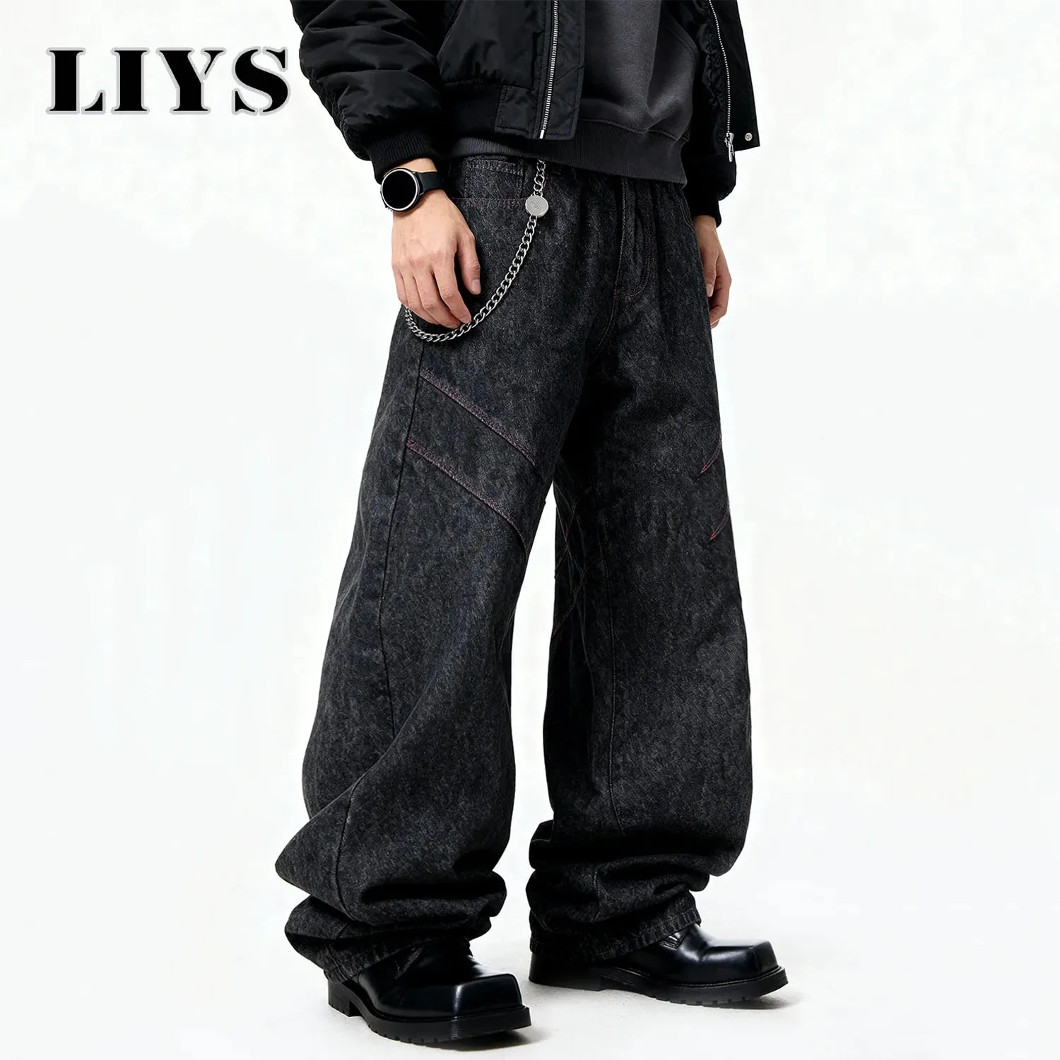 Pantalones vaqueros de pierna ancha holgados negros Retro americanos para las cuatro estaciones pantalones vaqueros holgados informales de negocios básicos pantalones vaqueros de calle Unisex