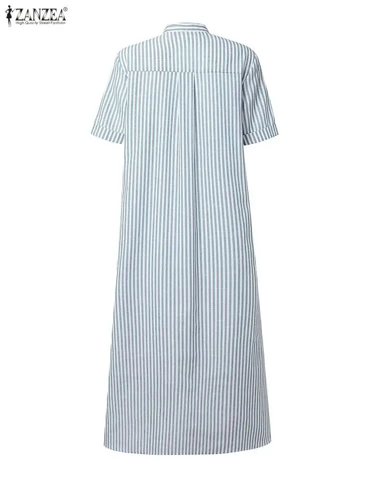 Women's Casual Striped Midi Dresses Stand Collar Short Sleeve Buttons Shirtdress Spring Summer Holiday Woman Clothes 3XL — image 2