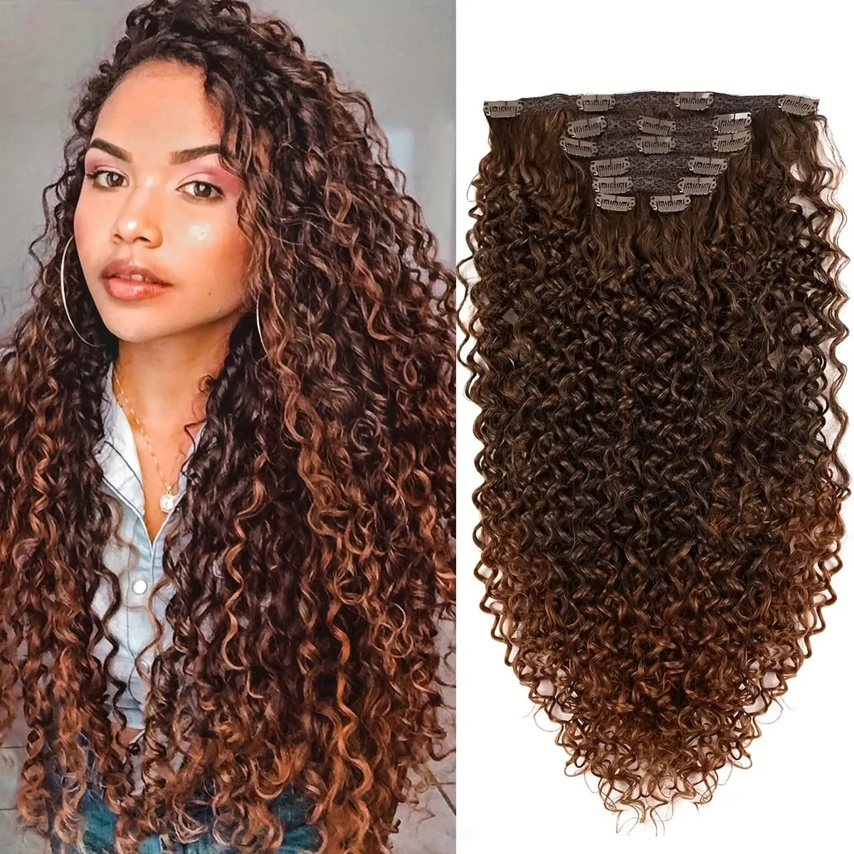 Synthetic 20inch Kinky Curly Clip In Hair Extensions Double Weft Full Head Japanese Heat Resistance Fiber Synthetic Curly Hair — image 10