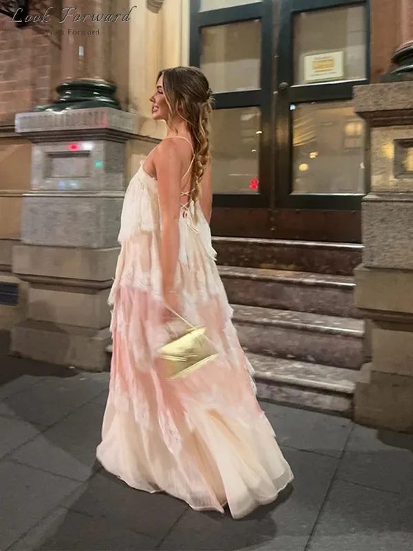 Lace Spaghetti Strap Puffy Dresses Women's Slim Sleeveless Backless Floor-length Dress 2026 New Ladies Summer Vacation Outfit — image 4