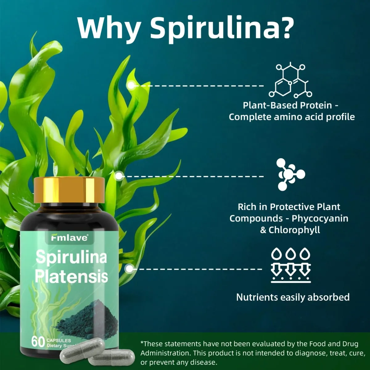 Fmlave Supplements Organic Spirulina - Protein Rich Blue Green Algae Superfood Supplement for Energy and Immune Support 60 Vegetarian Capsules